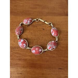 Vintage 1960s Gold Tone Marbled Orange Resin Cabochon Link Bracelet Retro Charm